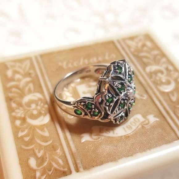 Art Deco Revival Chrome Diopside Seed Pearl Ring - Picture 5 of 8
